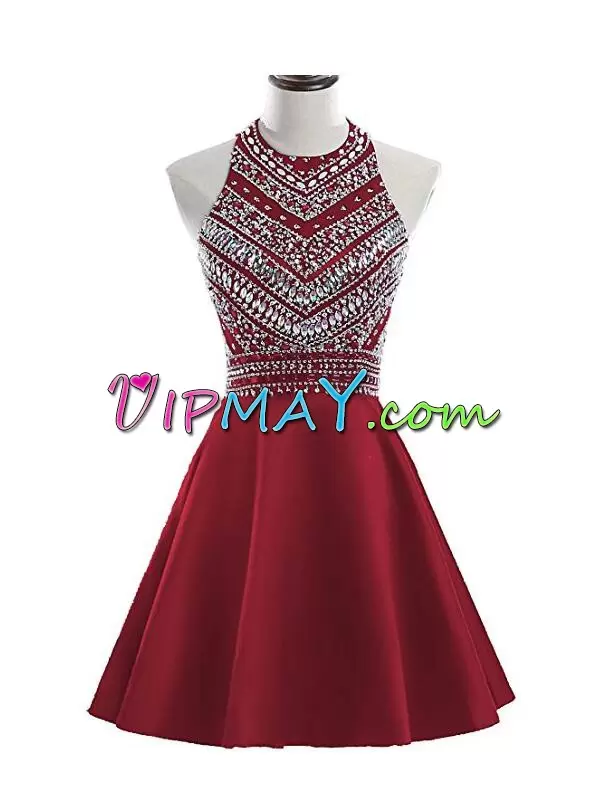 Captivating Halter Top Sleeveless Satin Homecoming Dress Online Beading Lace Up