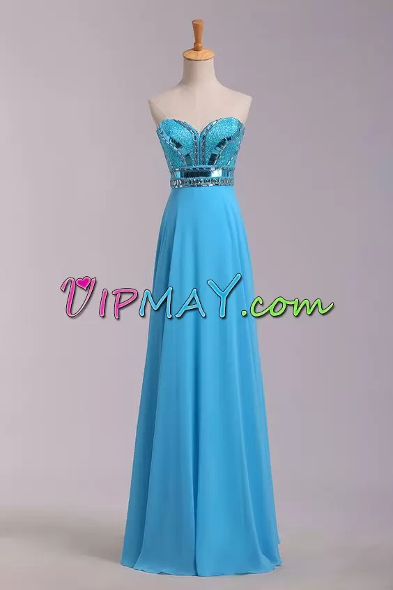 Trendy Blue Satin and Chiffon Backless Homecoming Gowns Sleeveless Floor Length Beading and Lace