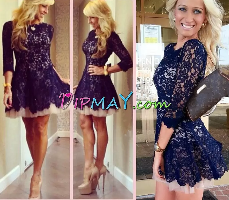 Empire Homecoming Dress Online Blue Sweetheart Satin and Organza Long Sleeves Mini Length Lace Up