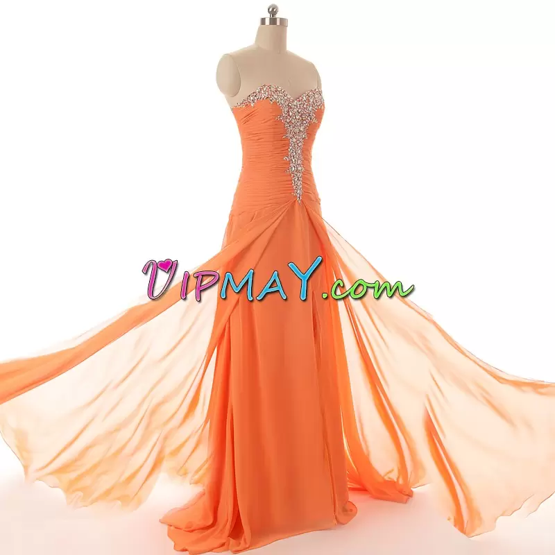 Superior Orange Mermaid Sweetheart Sleeveless Chiffon and Tulle Floor Length Lace Up Beading Evening Outfits