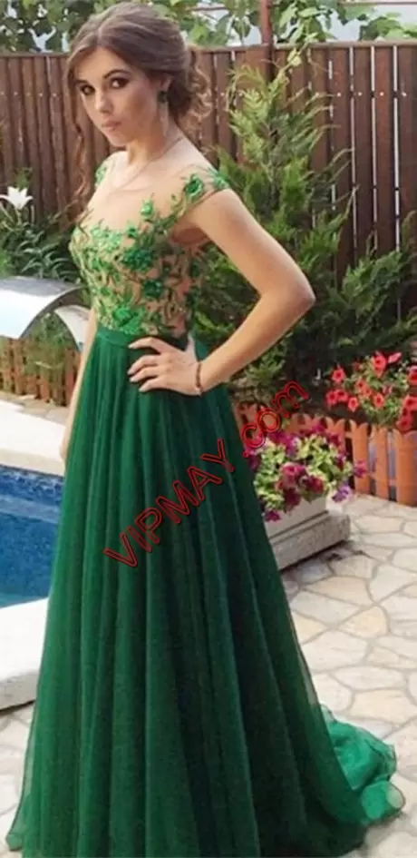 Green Cap Sleeves Lace Lace Up Homecoming Gowns Scoop