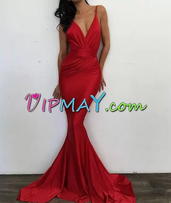 Artistic Satin Spaghetti Straps Sleeveless Sweep Train Lace Up Ruching Junior Homecoming Dress in Red