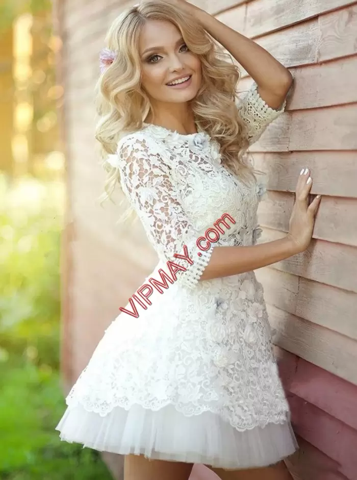 Top Selling White Half Sleeves Mini Length Lace Zipper Homecoming Gowns High-neck