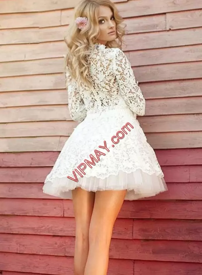 Top Selling White Half Sleeves Mini Length Lace Zipper Homecoming Gowns High-neck