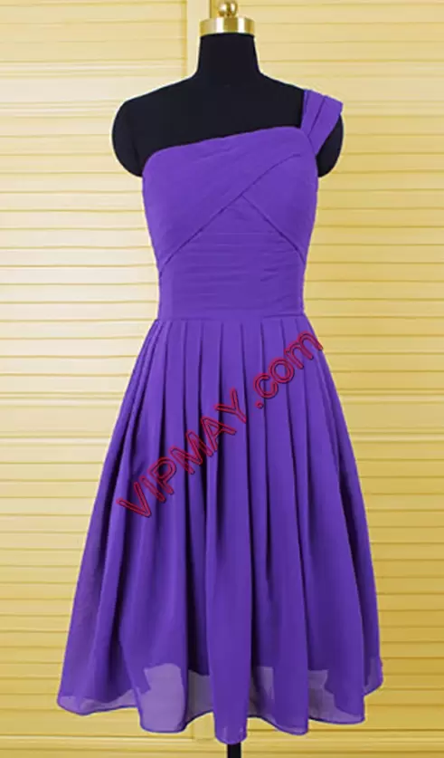 Chiffon One Shoulder Sleeveless Lace Up Pleated Junior Homecoming Dress in Purple