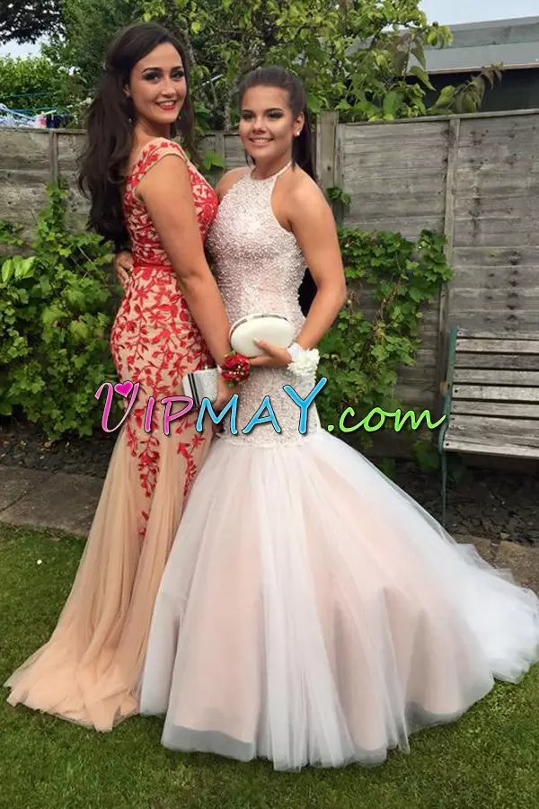 Baby Pink Lace Up Halter Top Beading Prom Dresses Tulle Sleeveless Sweep Train