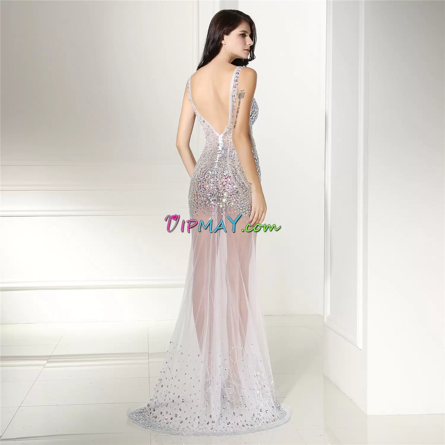 White Backless Hoco Dress Sequins Sleeveless Floor Length