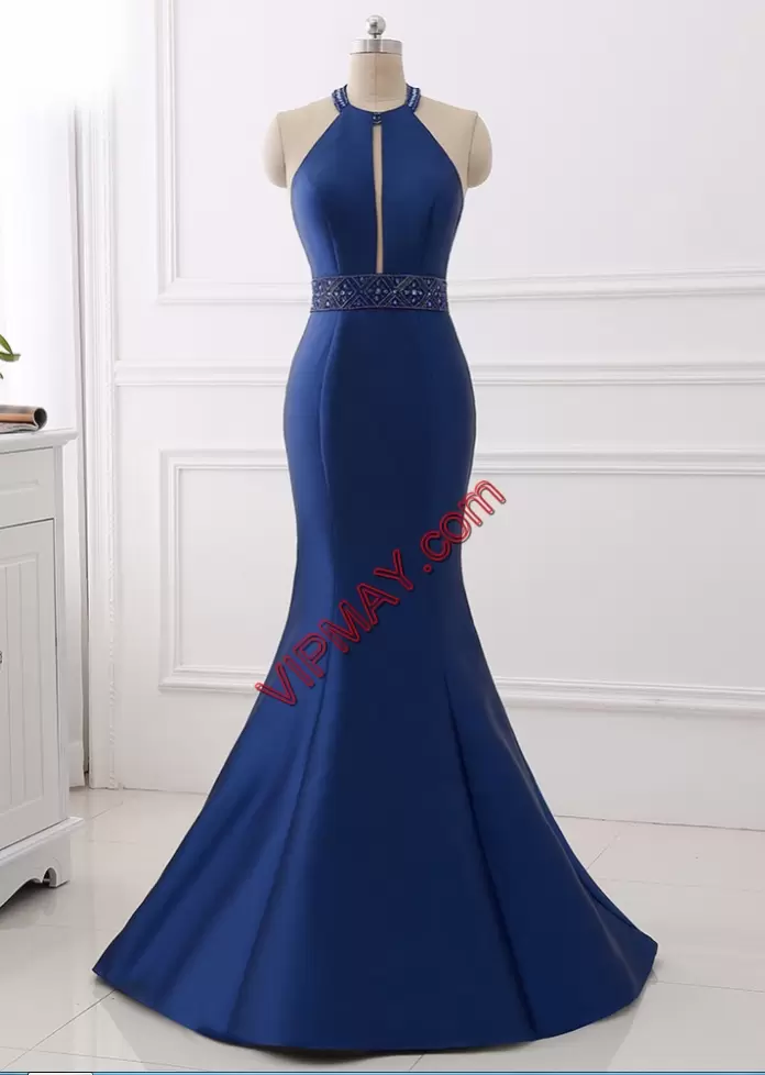 Captivating Halter Top Sleeveless Junior Homecoming Dress Floor Length Beading Royal Blue Satin
