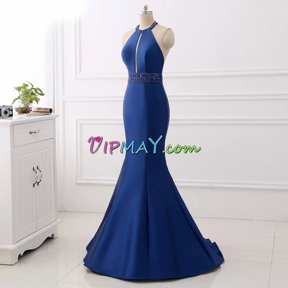 Captivating Halter Top Sleeveless Junior Homecoming Dress Floor Length Beading Royal Blue Satin