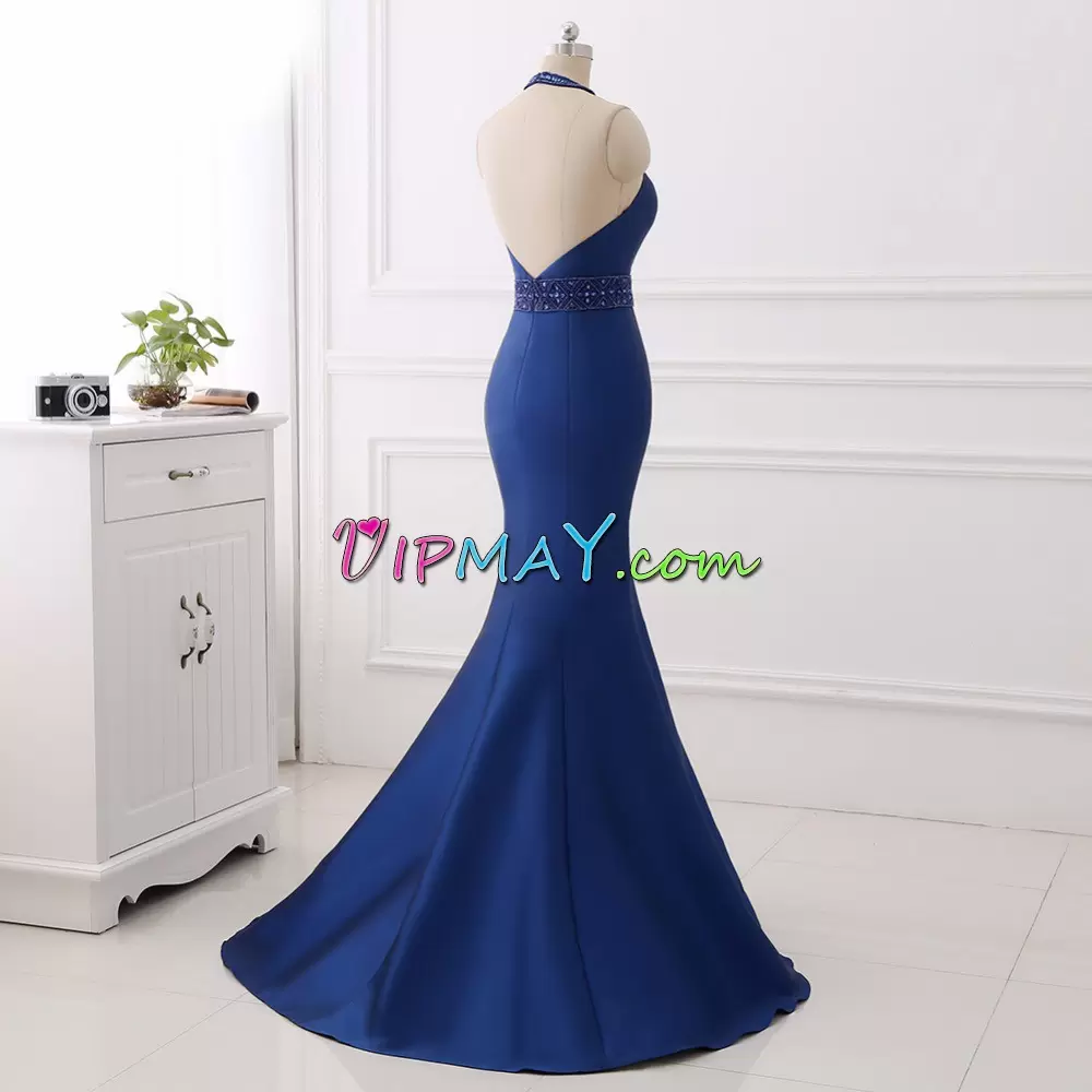 Captivating Halter Top Sleeveless Junior Homecoming Dress Floor Length Beading Royal Blue Satin