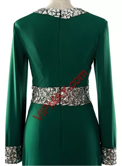 Great Dark Green V-neck Neckline Beading and Belt Homecoming Dress Long Sleeves Zipper