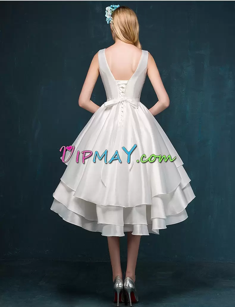 Suitable White Sleeveless High Low Ruffled Layers Lace Up Dress for Prom V-neck