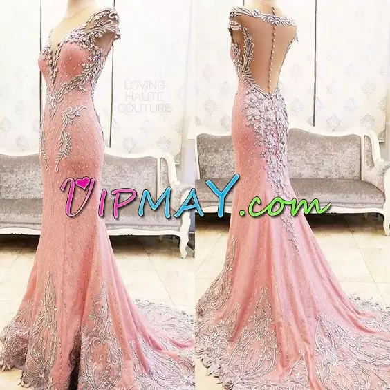 Zipper Prom Party Dress Pink for Prom and Party and Military Ball with Beading and Hand Made Flower Brush Train