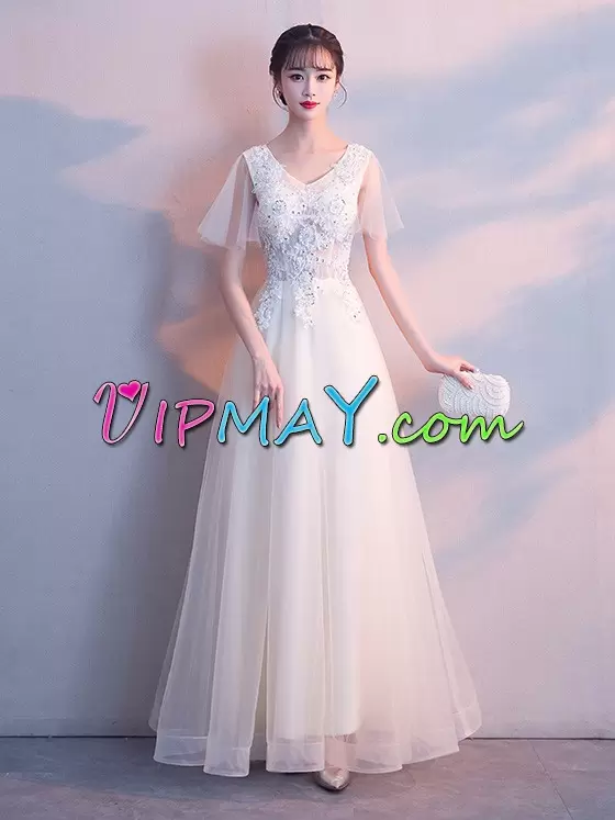 Deluxe Short Sleeves Floor Length Beading and Lace Zipper Prom Dresses with White