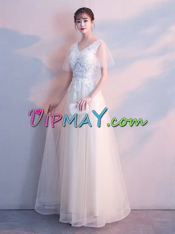 Deluxe Short Sleeves Floor Length Beading and Lace Zipper Prom Dresses with White