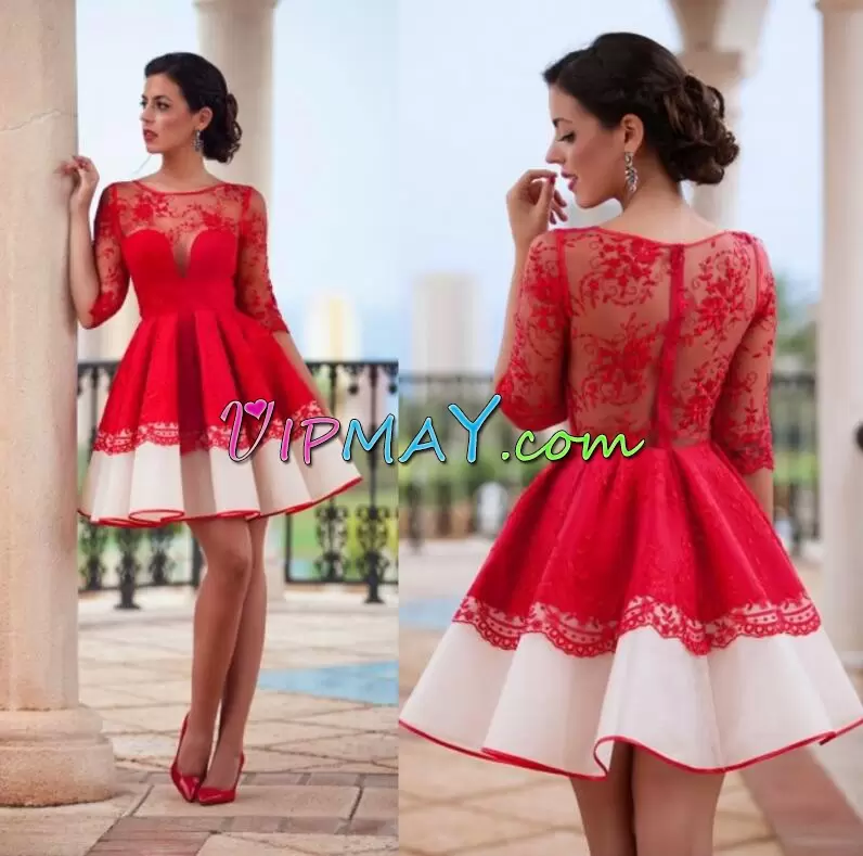 Mini Length Red and Champagne Homecoming Dress Scoop Long Sleeves Zipper