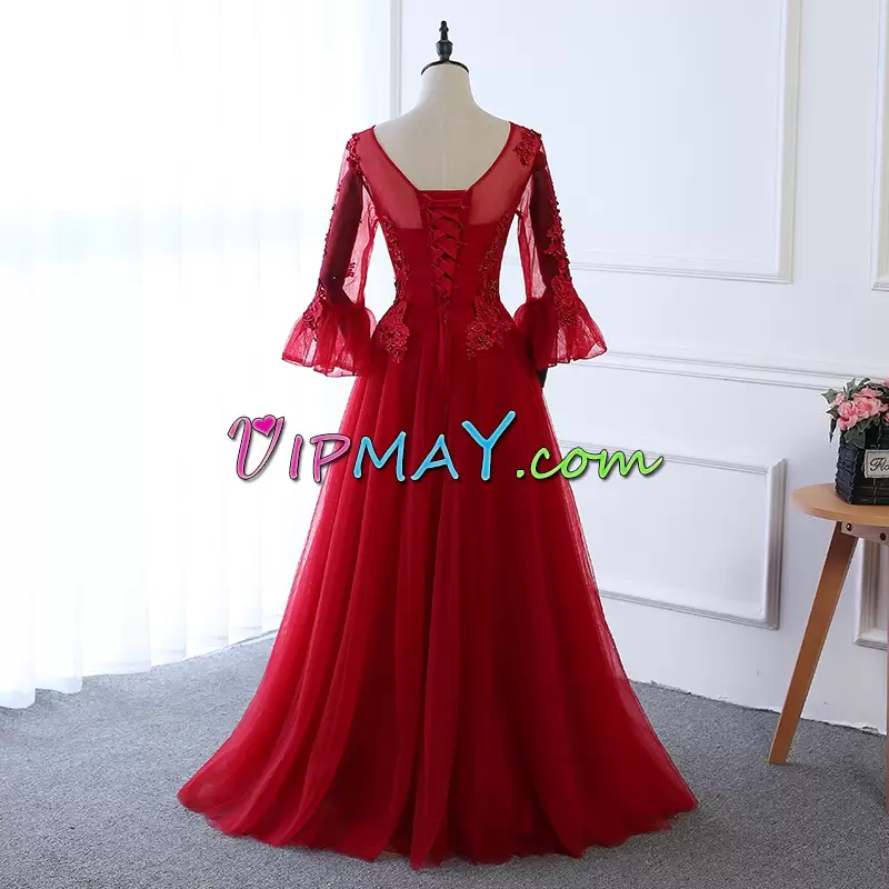 Scoop Half Sleeves Prom Evening Gown Floor Length Appliques Red Tulle