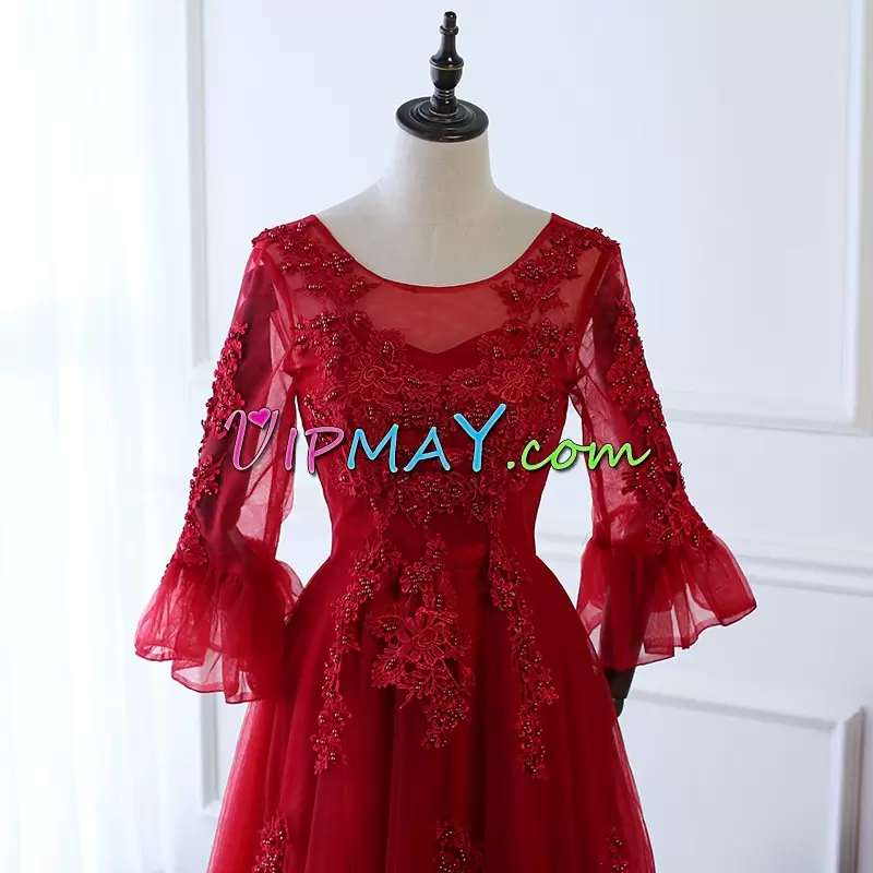 Scoop Half Sleeves Prom Evening Gown Floor Length Appliques Red Tulle