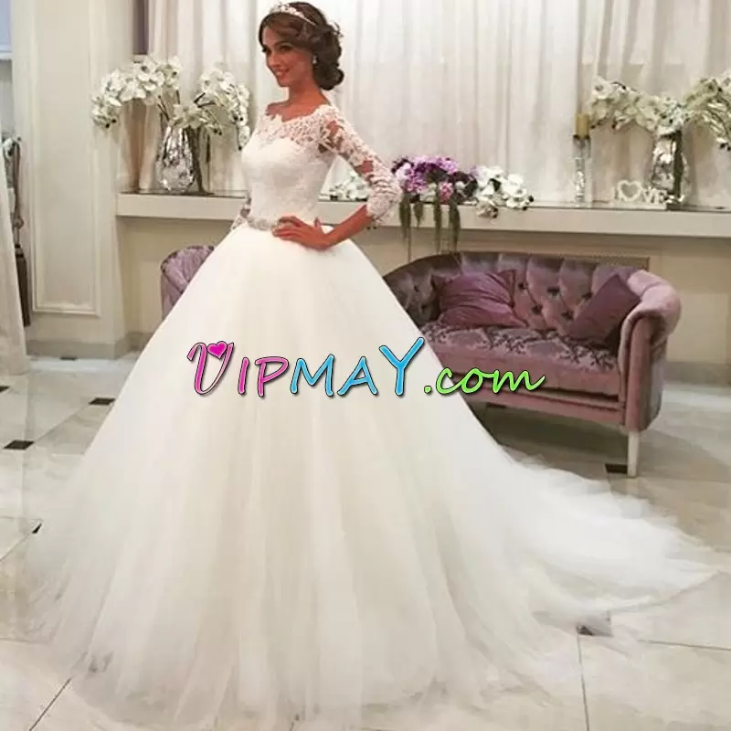 White Long Sleeve Tulle Court Train Wedding Dress with Crystal Belt
