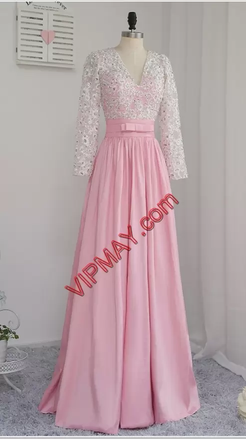 Custom Designed Pink Long Sleeves Chiffon Zipper Going Out Dresses for Prom and Party