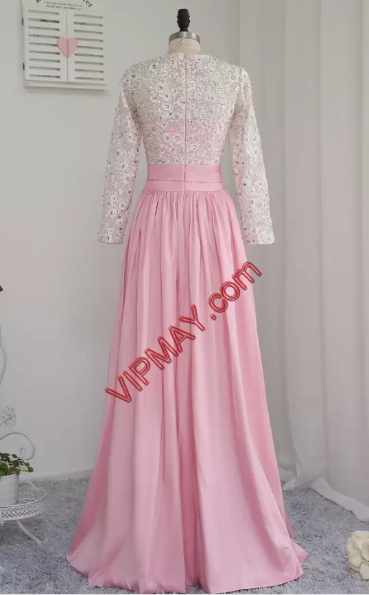 Custom Designed Pink Long Sleeves Chiffon Zipper Going Out Dresses for Prom and Party