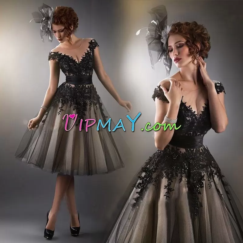 Custom Made Black A-line Lace Lace Up Tulle Short Sleeves Knee Length