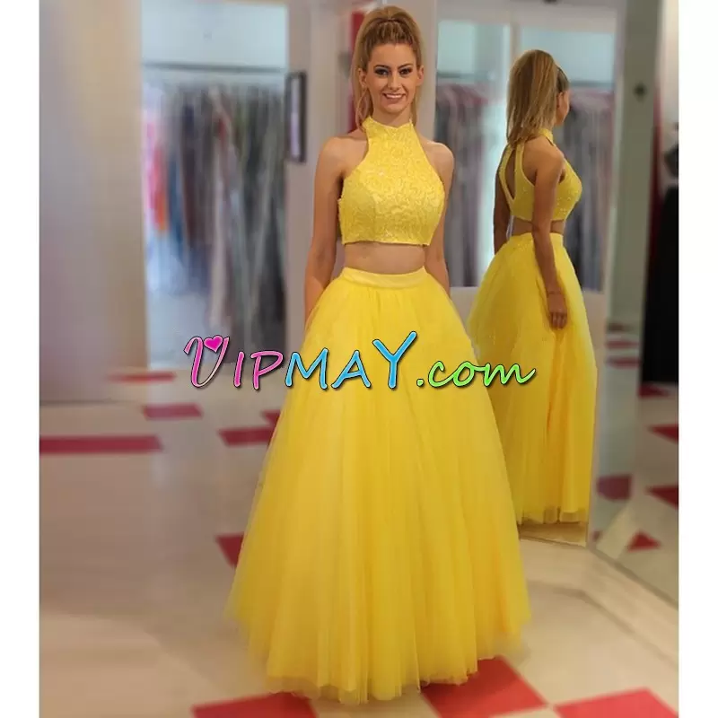 Fantastic Sleeveless Tulle Floor Length Backless Prom Gown in Yellow with Lace