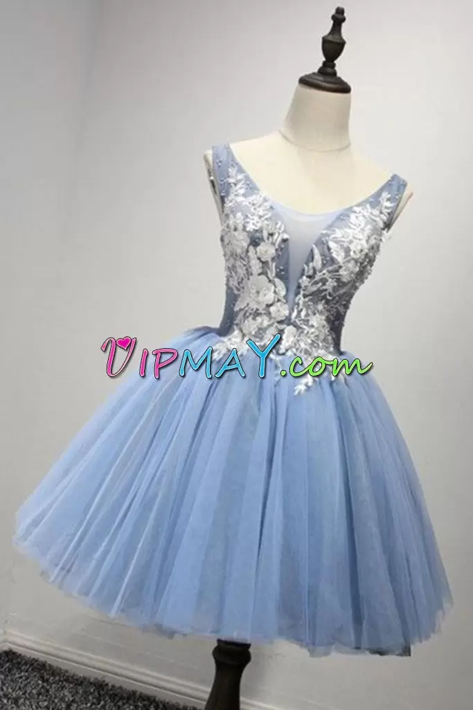 Mini Length Blue Prom Gown V-neck Sleeveless Lace Up