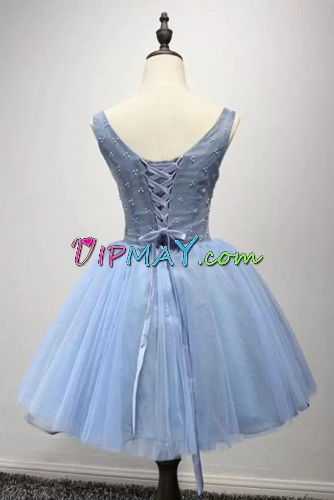 Mini Length Blue Prom Gown V-neck Sleeveless Lace Up