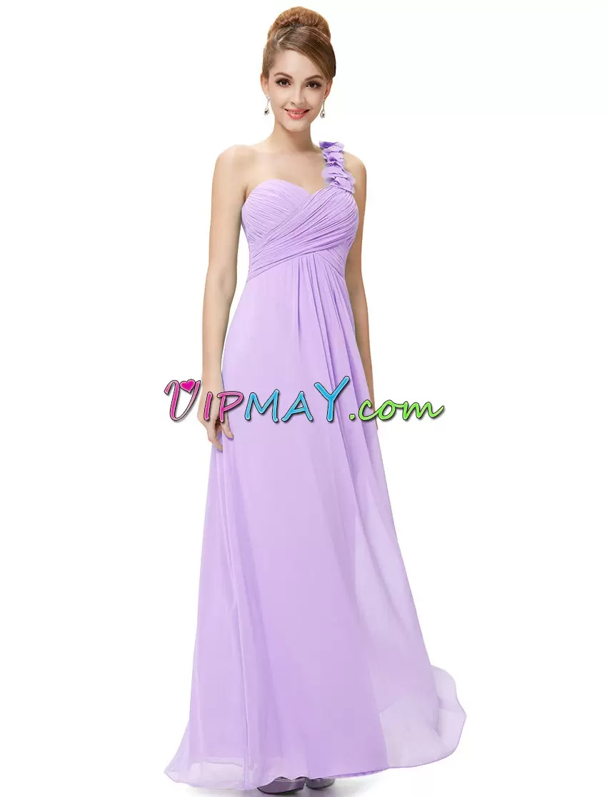 High Quality One Shoulder Sleeveless Junior Homecoming Dress Floor Length Hand Made Flower Lavender Chiffon