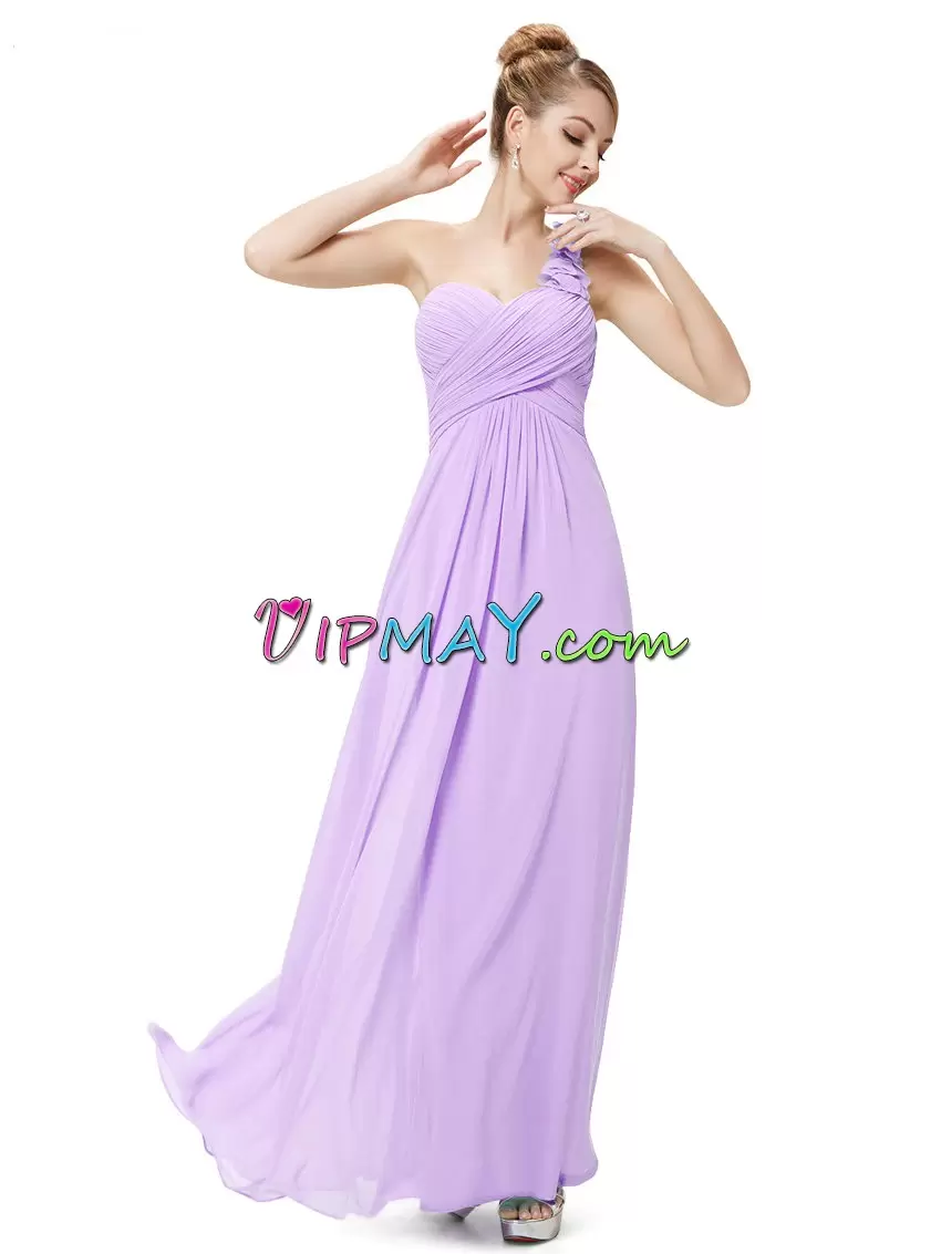 High Quality One Shoulder Sleeveless Junior Homecoming Dress Floor Length Hand Made Flower Lavender Chiffon