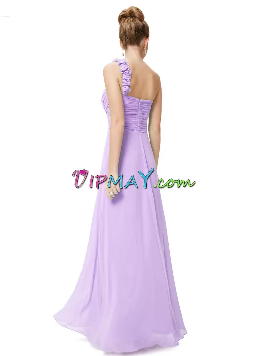 High Quality One Shoulder Sleeveless Junior Homecoming Dress Floor Length Hand Made Flower Lavender Chiffon