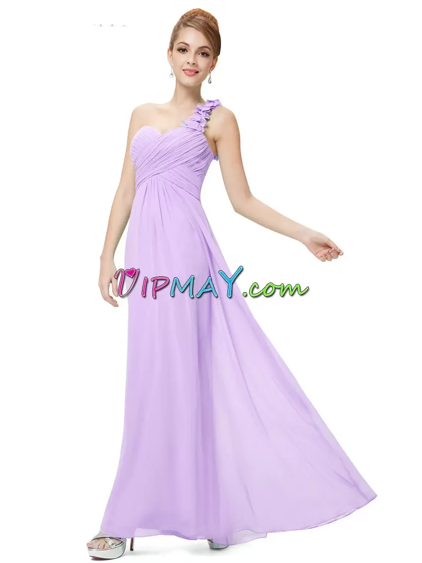 High Quality One Shoulder Sleeveless Junior Homecoming Dress Floor Length Hand Made Flower Lavender Chiffon