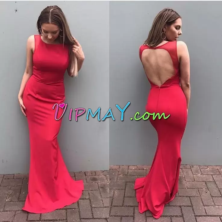 Red Column Sheath Square Sleeveless Satin Floor Length Backless Ruching Homecoming Party Dress