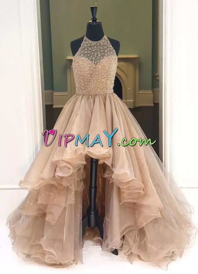 Elegant Peach Evening Dresses Prom and Party with Beading Scoop Sleeveless Lace Up