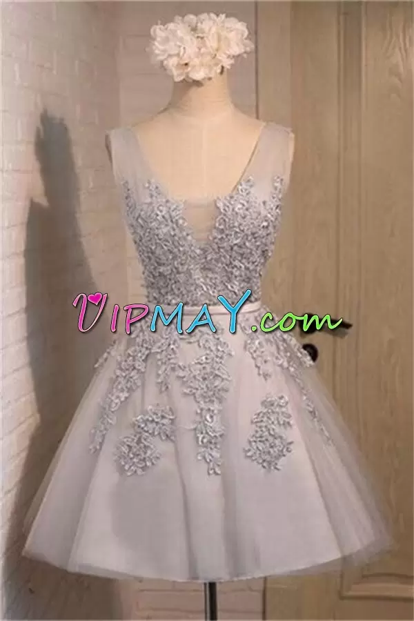 Perfect Silver A-line Beading and Appliques and Belt Prom Party Dress Lace Up Sleeveless Mini Length