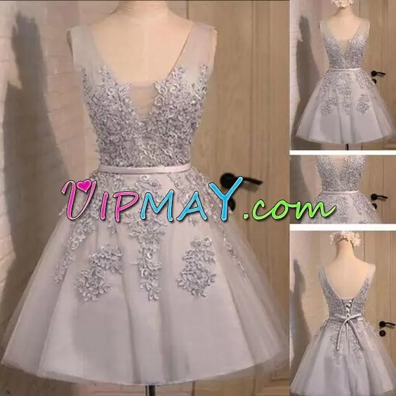 Perfect Silver A-line Beading and Appliques and Belt Prom Party Dress Lace Up Sleeveless Mini Length