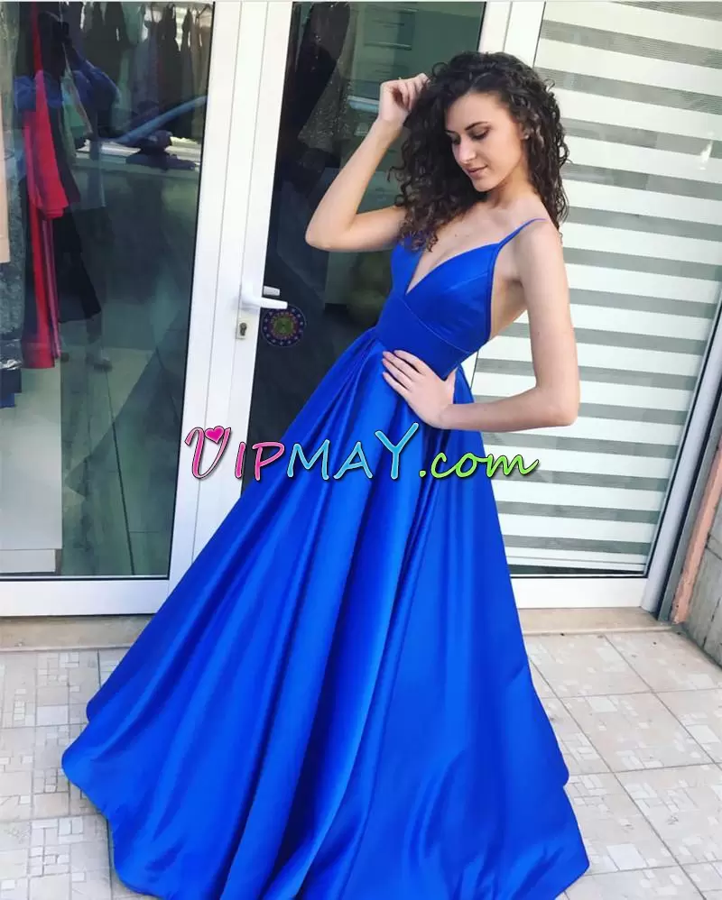 Royal Blue Sleeveless Satin Backless Prom Dresses for Prom and Party and Military Ball