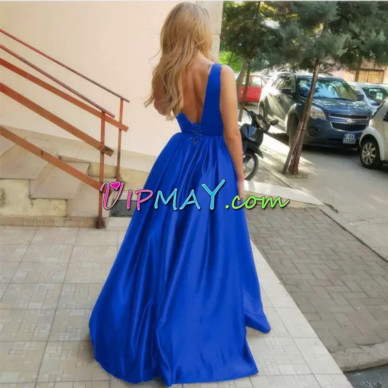 Royal Blue Sleeveless Satin Backless Prom Dresses for Prom and Party and Military Ball