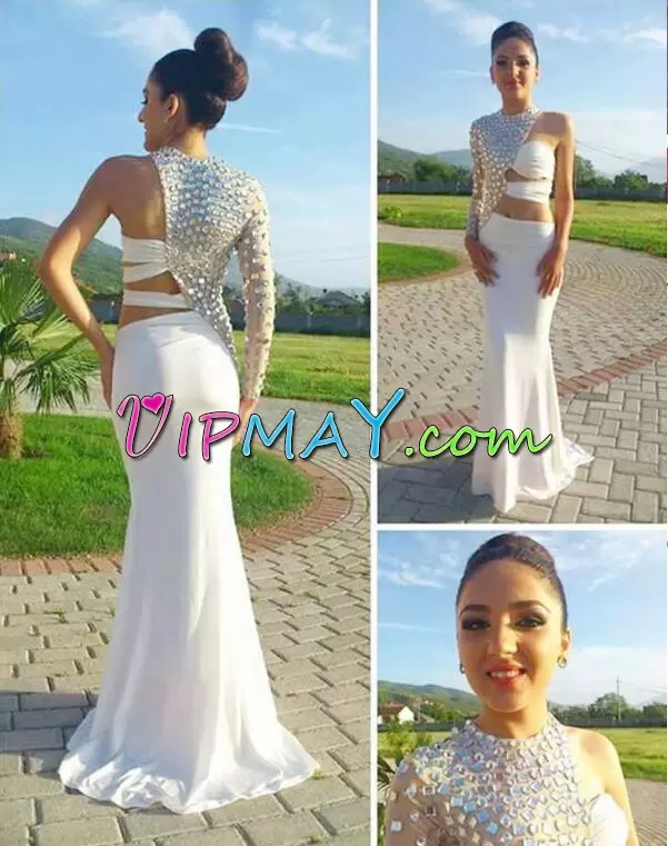 Custom Fit Asymmetric Long Sleeves Prom Party Dress Sweep Train Beading White Chiffon