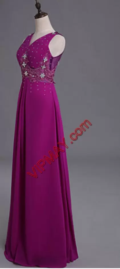 Chiffon V-neck Sleeveless Lace Up Lace and Appliques Homecoming Dress in Fuchsia