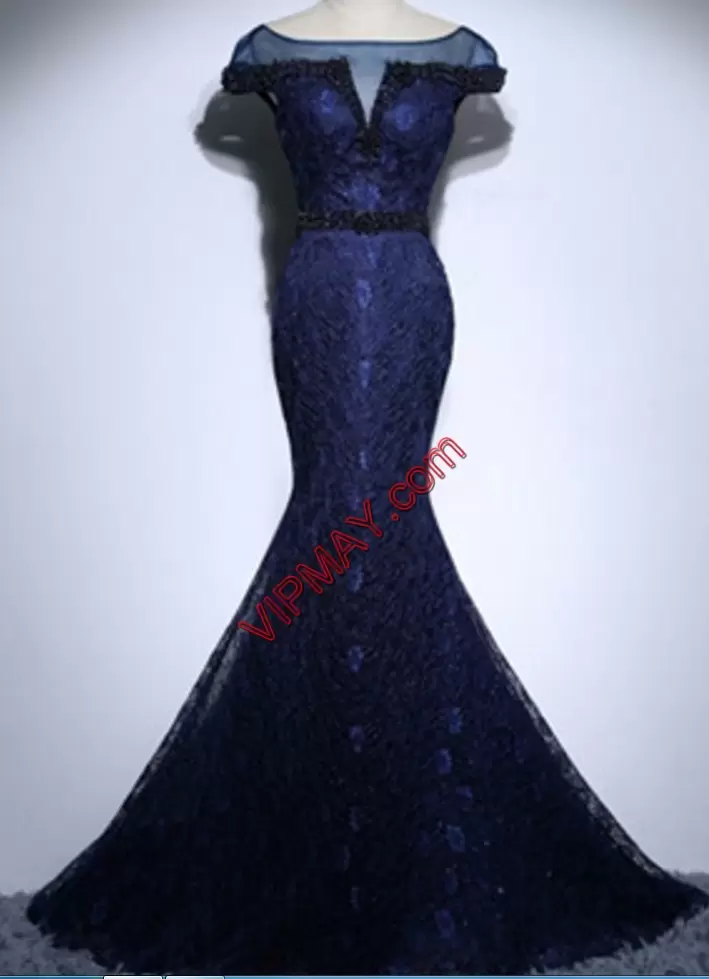 Suitable Navy Blue Hoco Dress Prom and Party and Military Ball with Lace Scoop Zipper