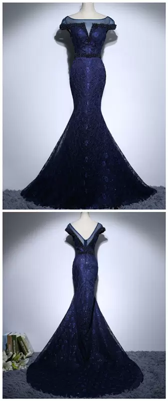 Suitable Navy Blue Hoco Dress Prom and Party and Military Ball with Lace Scoop Zipper