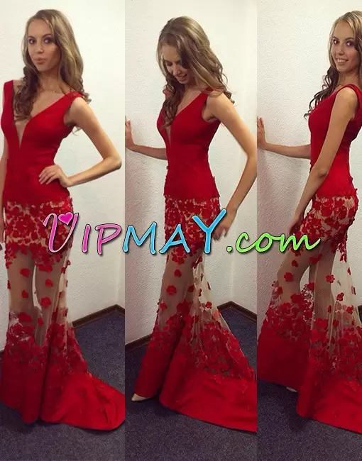 Fashionable Red Mermaid Appliques Prom Evening Gown Backless Taffeta and Tulle Sleeveless Floor Length