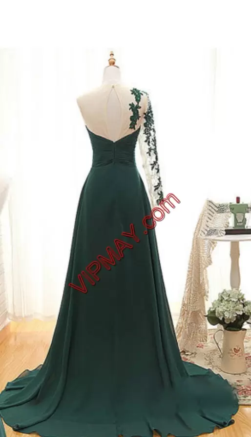 Dark Green Zipper Appliques Long Sleeves Sweep Train