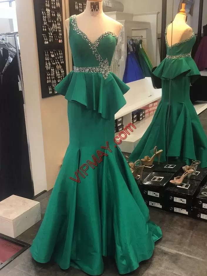 Mermaid Green One Shoulder Satin Sleeveless Floor Length Zipper