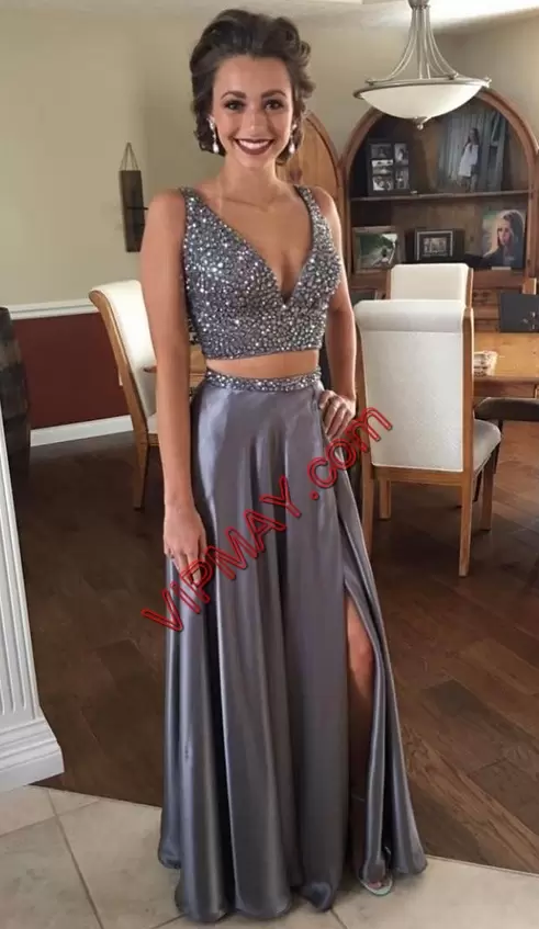 Sleeveless V-neck Sweep Train Lace Up Floor Length Beading and Lace Prom Homecoming Dress V-neck