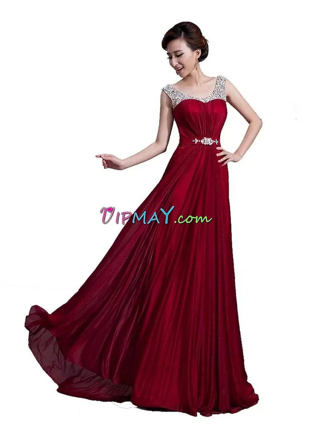 Satin and Chiffon Scoop Sleeveless Sweep Train Lace Up Beading and Lace Junior Homecoming Dress in Red