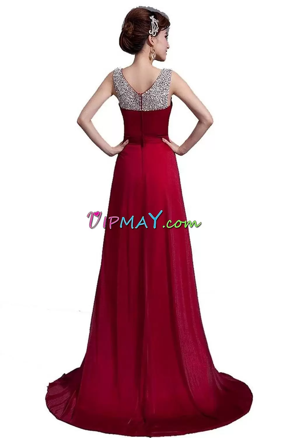 Satin and Chiffon Scoop Sleeveless Sweep Train Lace Up Beading and Lace Junior Homecoming Dress in Red