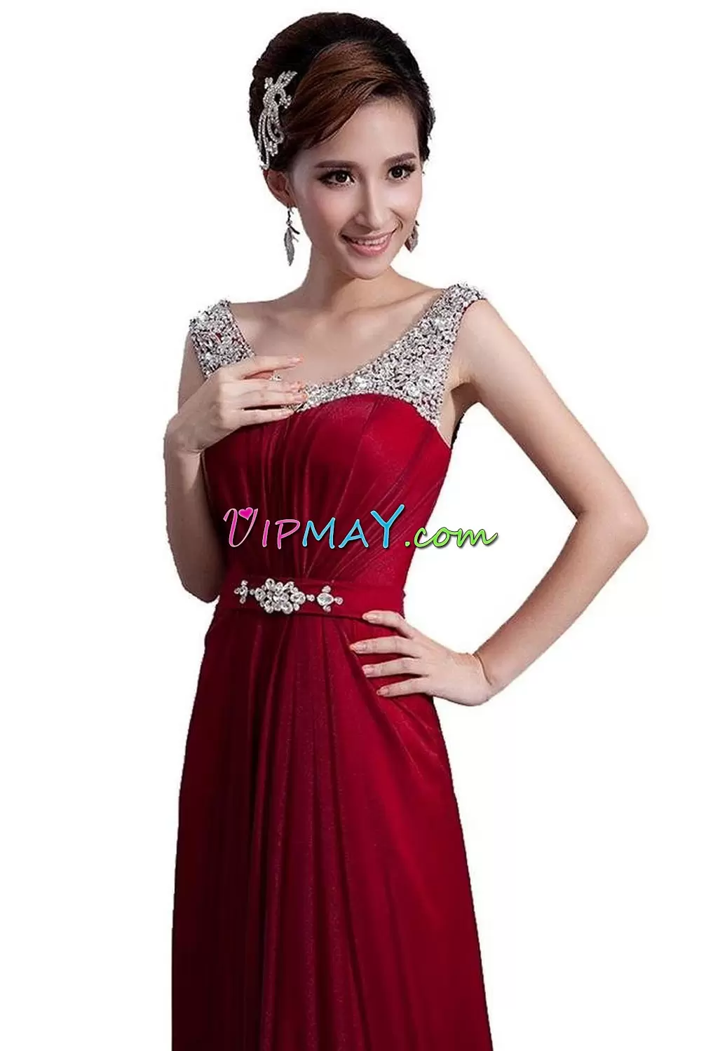 Satin and Chiffon Scoop Sleeveless Sweep Train Lace Up Beading and Lace Junior Homecoming Dress in Red